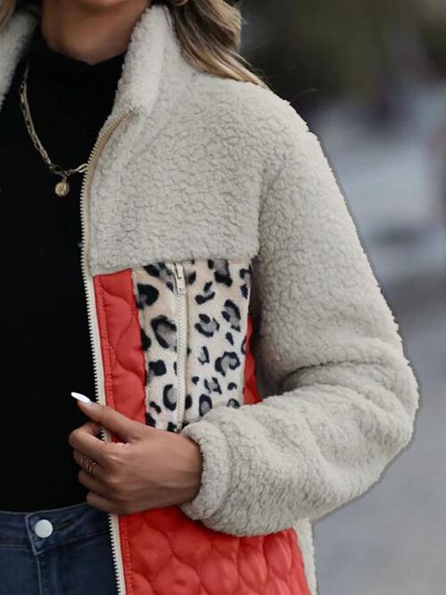 Unique Autumn Leopard Color Block Zip-Up Jacket Trendy Lightweight Jacket with Pockets Charming Winter Jacket