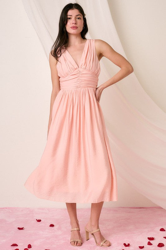 Ruched V-Neck Sleeveless Midi Dress For Women – Elegant and Chic Dress with Flattering Ruched Detailing and Sophisticated V-Neck