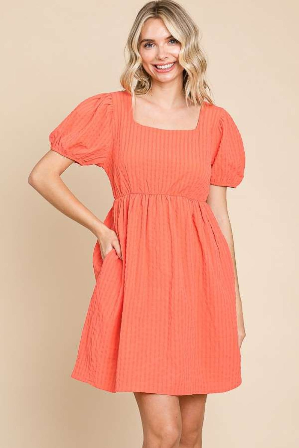 Textured Square Neck Short Sleeve Dress – Square Neck Dress, Textured Short Sleeve Dress, Classic Square Neck Dress, Casual Short Sleeve Dress, Stylish Square Neck Dress, Modern Textured Dress