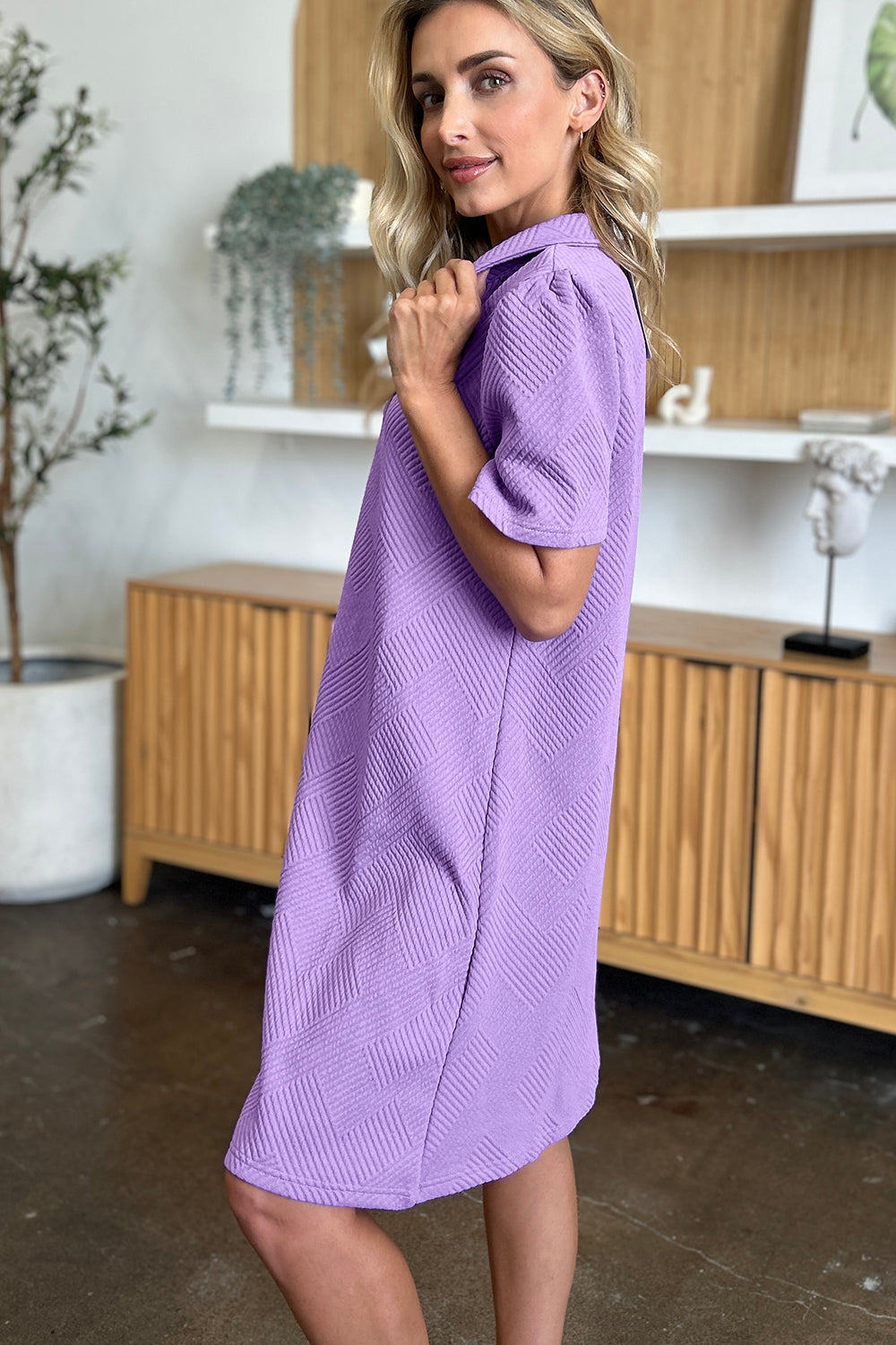 Double Take Full Size Texture Collared Neck Short Sleeve Dress Textured Dress For Women