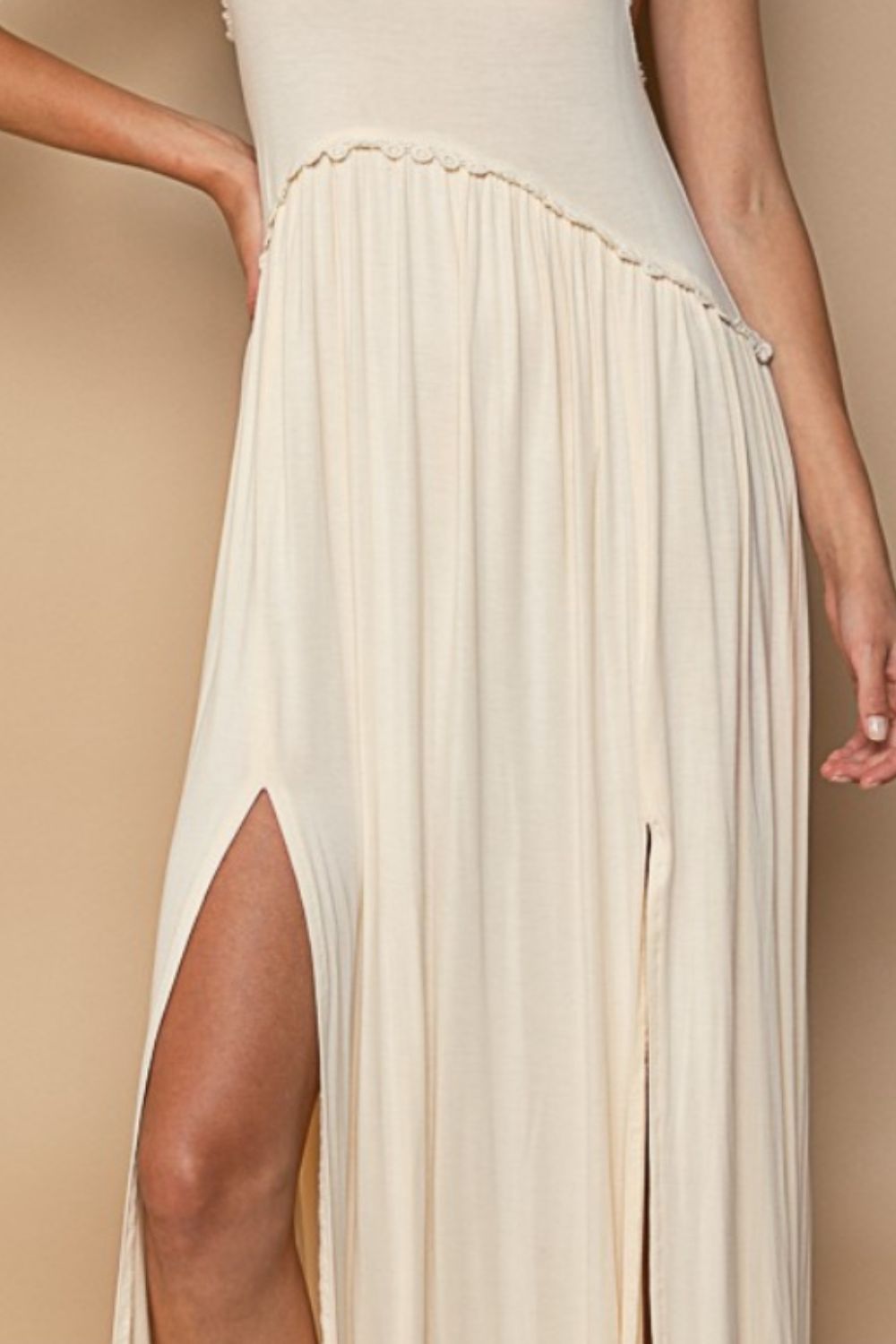 Sleeveless Back Zipper Front Slit Maxi Dress – Racerback Maxi Dress, Slit Detail Dress, Sleeveless Maxi Dress, Babydoll Silhouette Dress, Knit Maxi Dress, Front Slit Dress, Elegant Maxi Dress