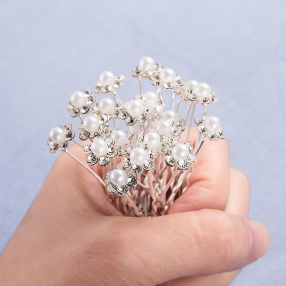 20Pcs Fashion Wedding Bridal Pearl Flower Clear Crystal Rhinestone Hair Pins Clips Bridesmaid Hair wear Jewelry Gorgeous Hair Accessories For Women