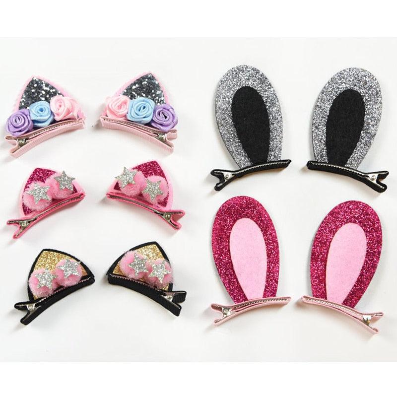 2pcs/Set Cute Hair Clips For Girls Glitter Rainbow Felt Fabric Flowers Hairpins Cat Ears Bunny Barrettes Kids Hair Accessories for Halloween Parties Cosplay for Girls