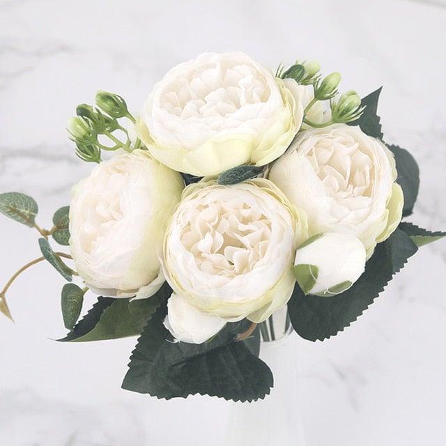 30cm Rose Pink Silk Peony Artificial Flowers Bouquet 5 Big Head and 4 Bud Bride Wedding Home Decoration Fake Flowers Vintage Artificial Peony Silk Flowers Bouquet Home Wedding Decoration