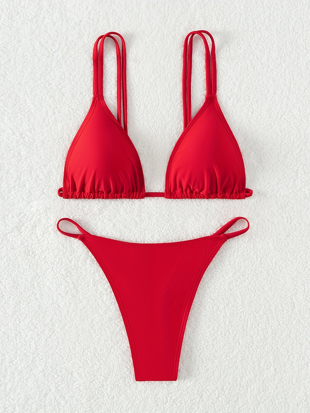 Bikini Solid Color Triangle V Neck 2 Piece Bikini Set for Women – Stretchy Double Strap Tie Back V String Swimwear with Lace Up Detail – Flattering Beach Vacation Swimsuit for Confident Summer Style and Poolside Fashion