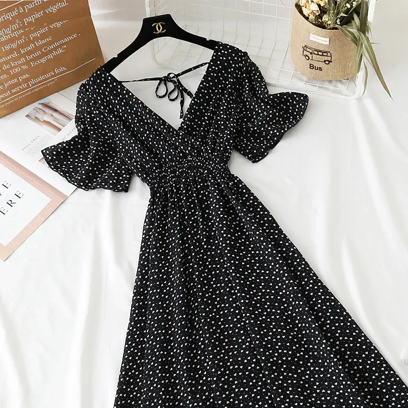 Summer Women Ruffled Short-sleeved Chiffon Dress V-neck High Waist Floral Print Beach Midi Dresses For Women