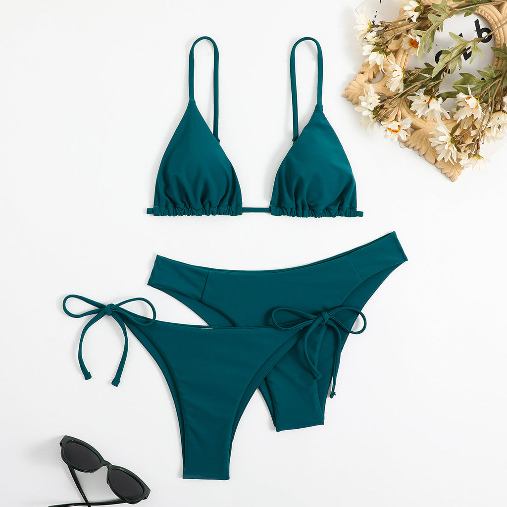 Essential Edge 3-Piece Bikini Set for Women – Solid Color High-Cut Triangle Top Two-Style Bottoms with Side Lace-Up Design & Quick-Drying Comfort – Versatile Women's Swimwear for Summer Pool Beach & Travel
