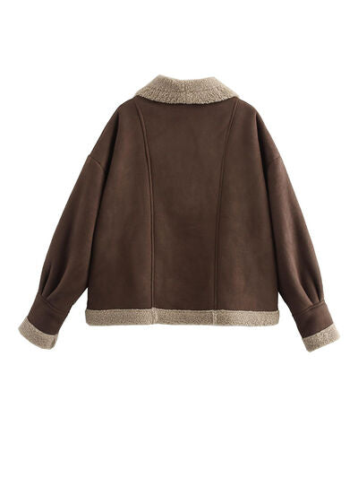 Fuzzy Collared Neck Long Sleeve Jacket with Buttoned Closure and Cozy Pockets