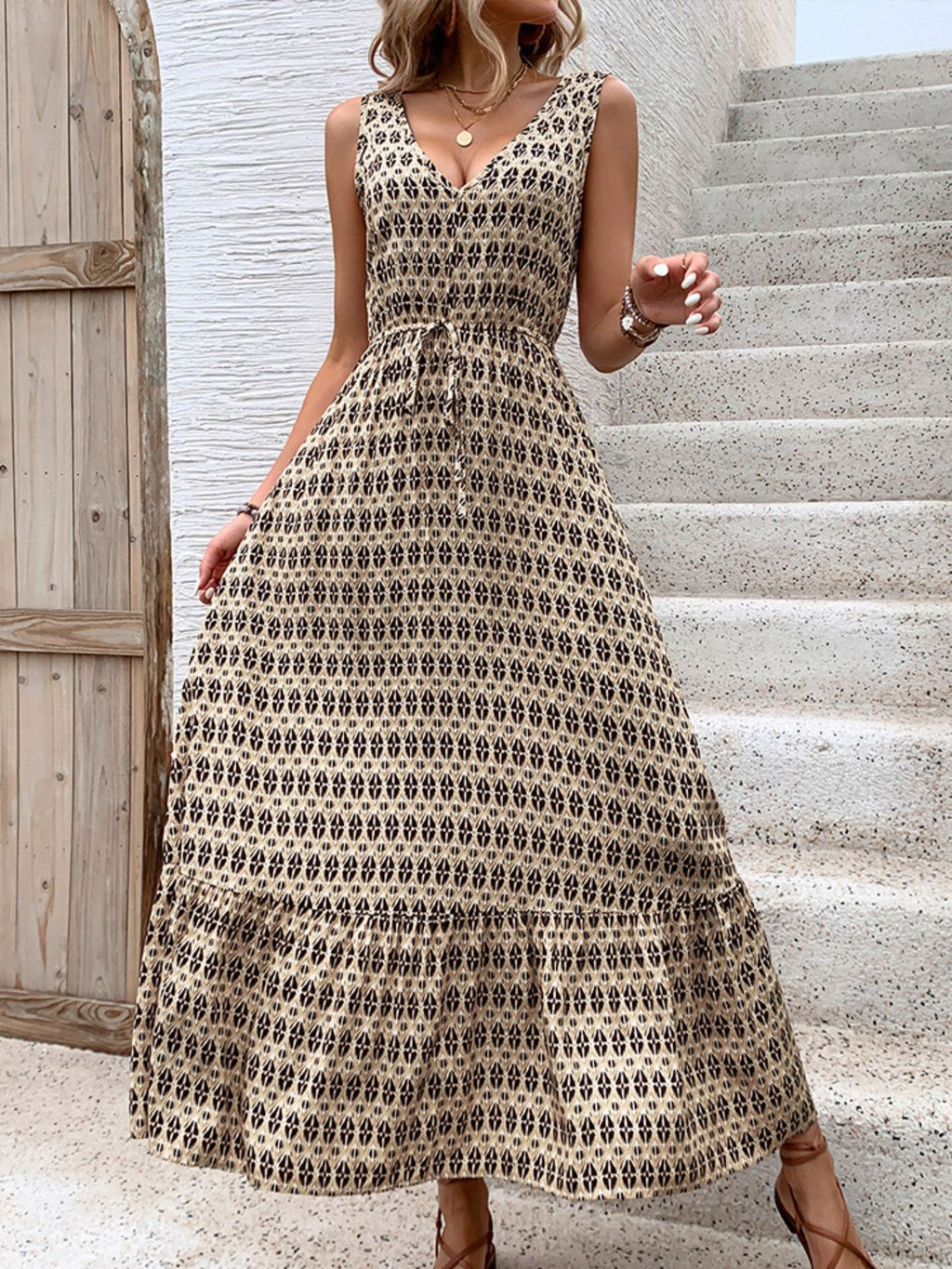 Vintage Printed V-Neck Tie Waist Midi Dress Lightweight Trendy & Elegant Dress for Women