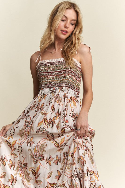 New Summer Smocked Printed Square Neck Tie Shoulder Cami Dress – Trendy, Chic, Feminine, Comfortable, Stylish Summer Dress