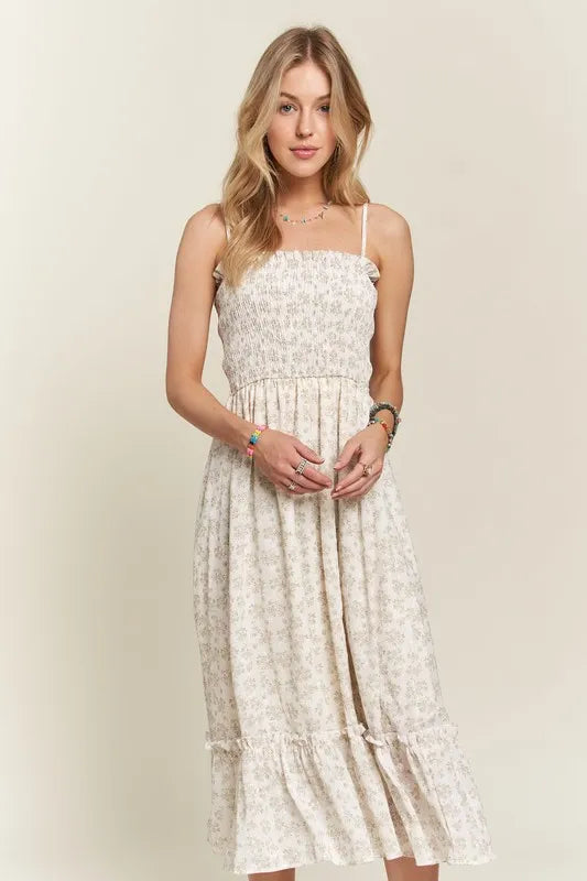 Smocked Floral Ruffled Hem Cami Dress For Women – Boho-Inspired Smocked Floral Cami Fluttering Dress with Playful Ruffled Hem