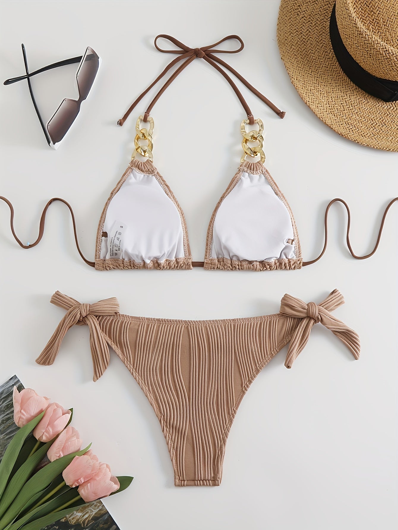 Bikini Ruched Texture Golden Chain 2 Piece Triangle Swimsuit for Women – Striped Halter Bikini Set with Bow Tie Side and Elegant Ring Link Detail – Stretchy Beachwear for Pool Bathing and Summer Vacations