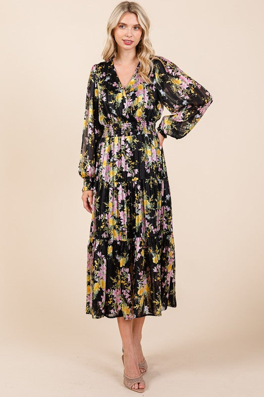 Flower Print Satin Lurex Stripe Smocked Midi Dress For Summer – Elegant and Sparkling Floral Dress with Tiered Design