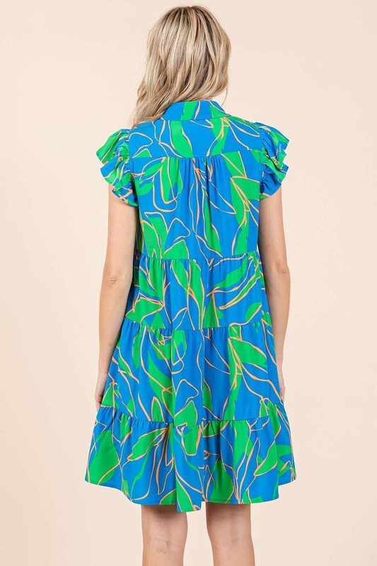 New Summer Leaf Print Ruffle Sleeve Tiered Mini Dress – Fluttering, Fresh and Playful Leaf Pattern with Feminine Ruffle Sleeves