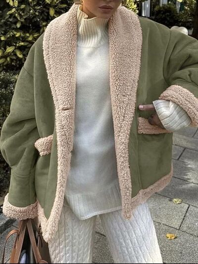 Fuzzy Collared Neck Long Sleeve Jacket with Buttoned Closure and Cozy Pockets