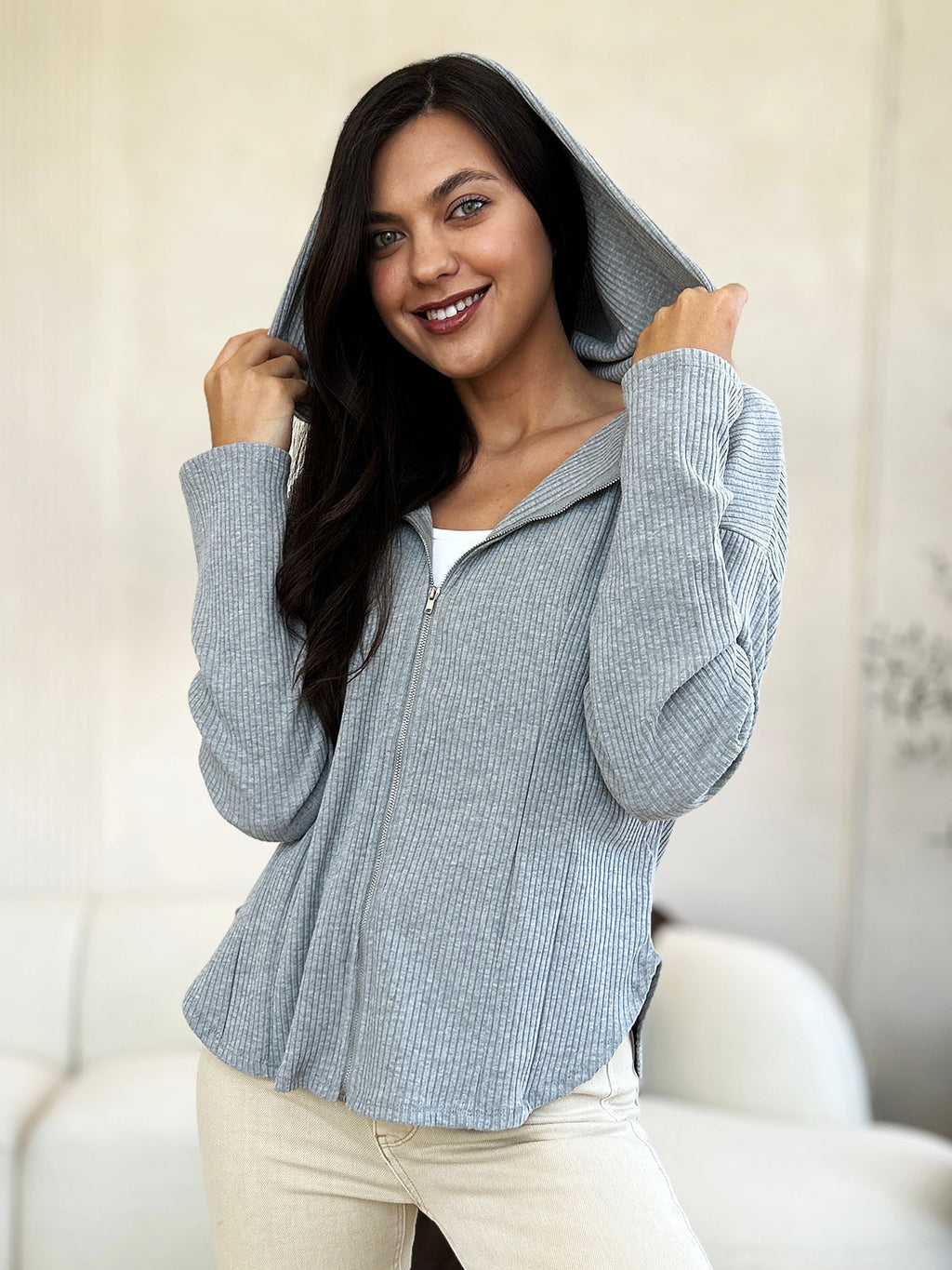 Culture Code Full Size Ribbed Zip Up Drawstring Hooded Jacket Women Trendy Jacket With Adjustable Hood For Women
