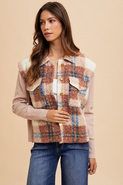Women Brown Faux Fur Plaid Button-Up Jacket Soft Jacket For Girls Jacket With Closure