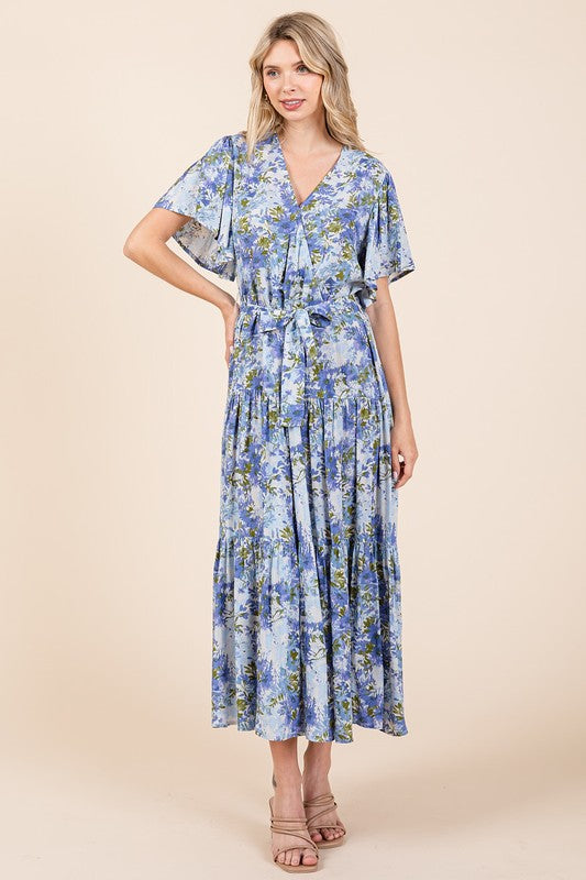 New Summer Floral Tie Waist Flutter Sleeve Tiered Dress For Women – Feminine, Elegant, Cheerful, Bohemian Chic, Flowy & Graceful