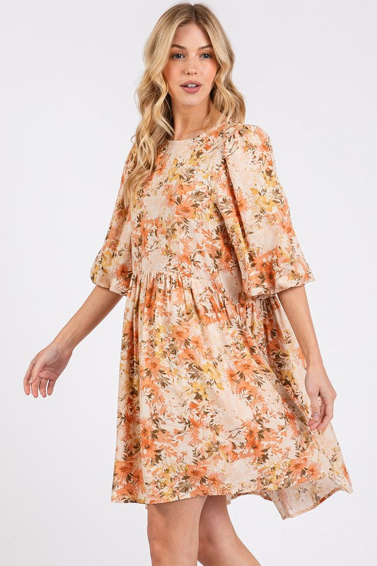 New Summer Flower Print Linen Blend Babydoll Mini Dress – Lightweight Floral Babydoll Dress with Relaxed Fit and Gathered Waist