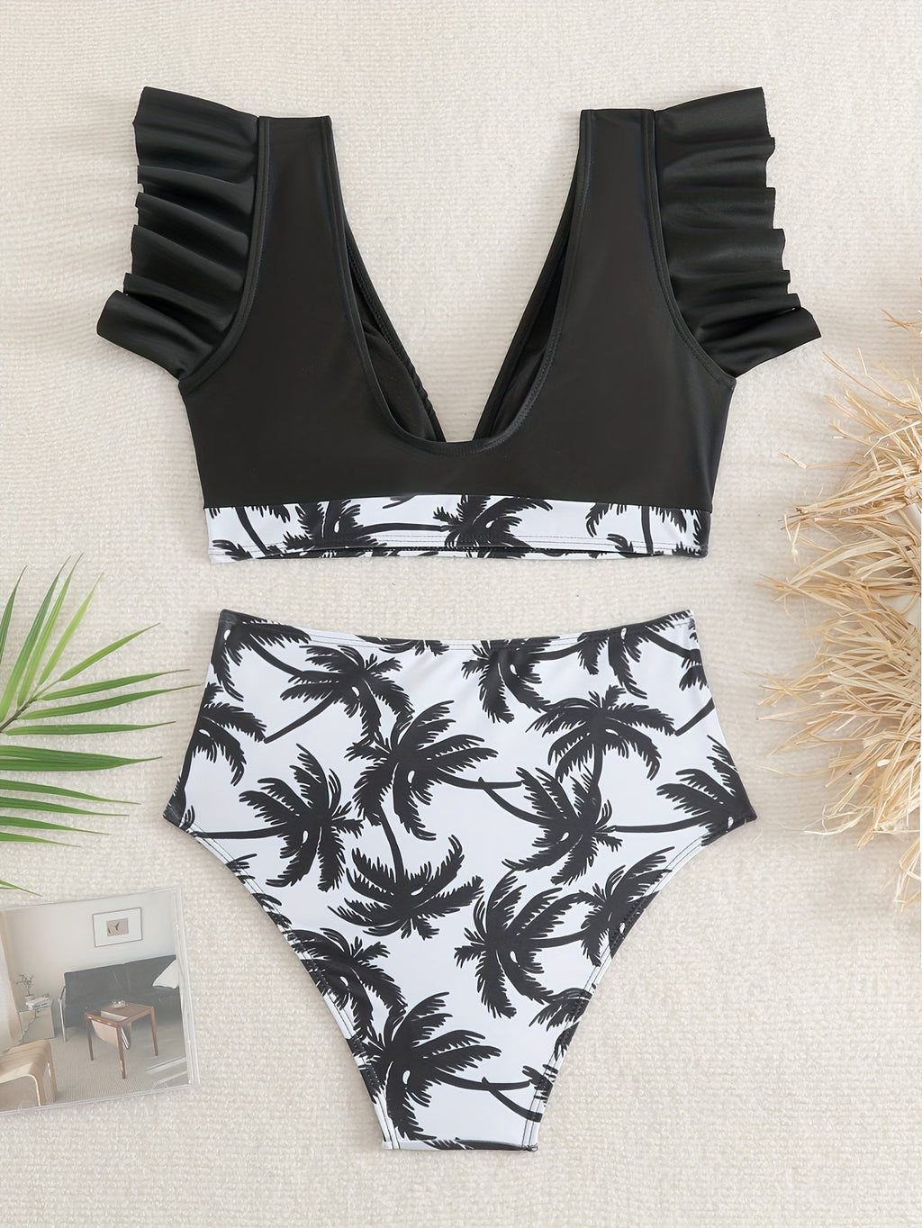 Bikini Black Solid Color Ruffle V Neck 2 Piece Swimsuit for Women – High Waisted Flattering Bikini Set with Lettuce Trim Bottoms – Sleek Stretchy Fabric Swimwear for Beach Days Poolside Style and Summer Vacation Looks