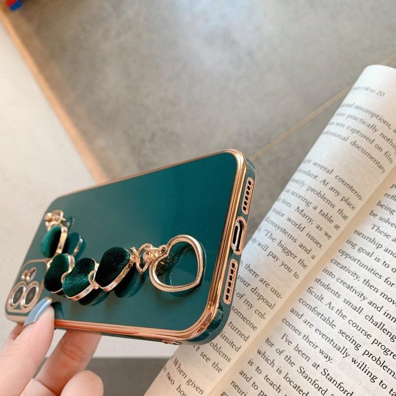 Luxury Women Silicone Phone Case Cover With Wrist Chain Bracelet for iPhone  Wristband Bracelet Hand Holder Cover for iPhone 13 12 11 Pro Max plating Case Heart Chain Cases for iPhone 7 8 Plus XR XS Max X