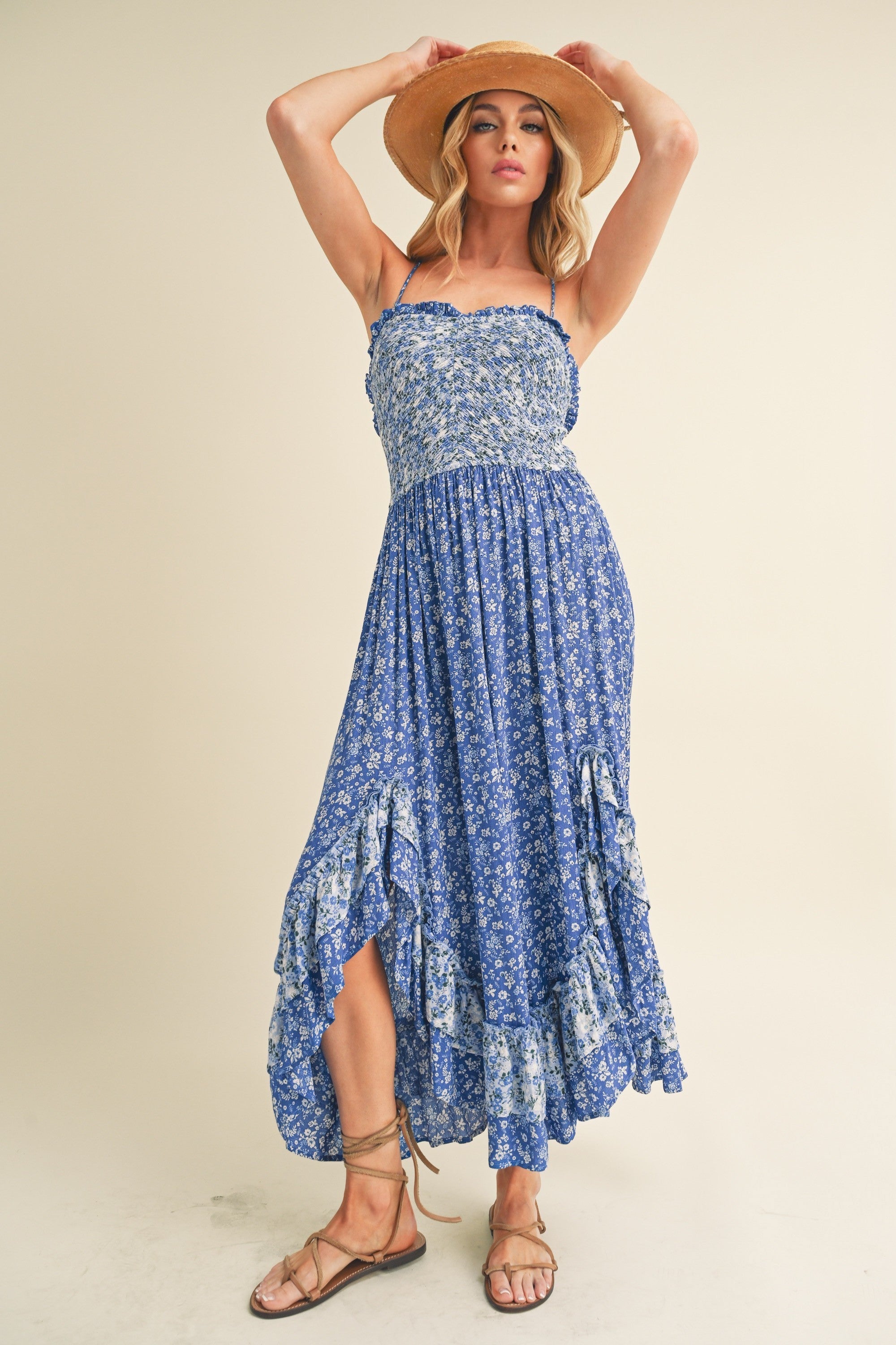 Ditsy Floral Ruffled Hem Maxi Women Cami Dress –Feminine Floral Print, Elegant Maxi Length, Flowy & Comfortable Design for Casual & Special Occasions