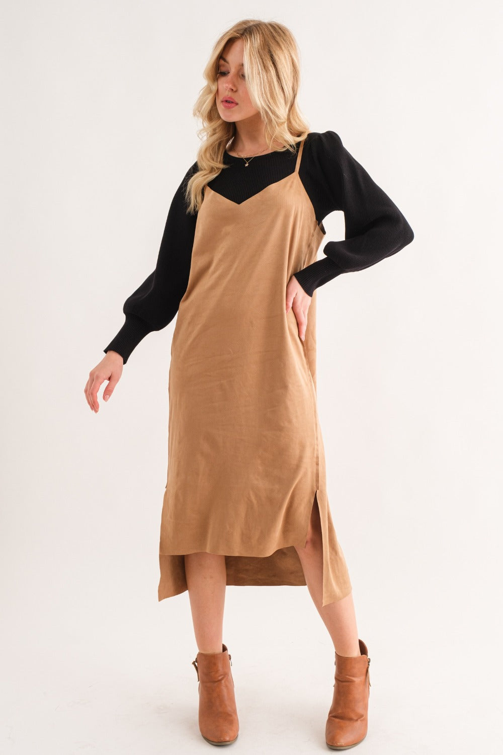 Faux Suede Cut Edge Slit Cami Midi Dress – Elegant Midi Dress, Faux Suede Dress, Chic Slit Dress, Sophisticated Dress, Versatile Cami Dress