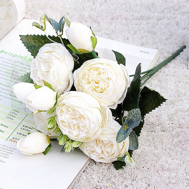 Beautiful Rose Peony Artificial Silk Eucalyptus Fake Flowers Small bouquet Flores Home Party Spring Wedding Decoration Artificial Silk Rose Flower Bouquet Lifelike Fake Rose for Wedding Home Party Decoration Event Gift