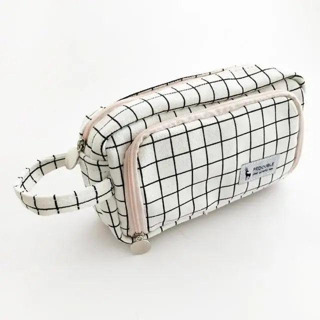 Big Storage Large Capacity Pencil Case Kids Pencil Bag For Students Vintage Grid Print Fabric Stationary Bag School Supply