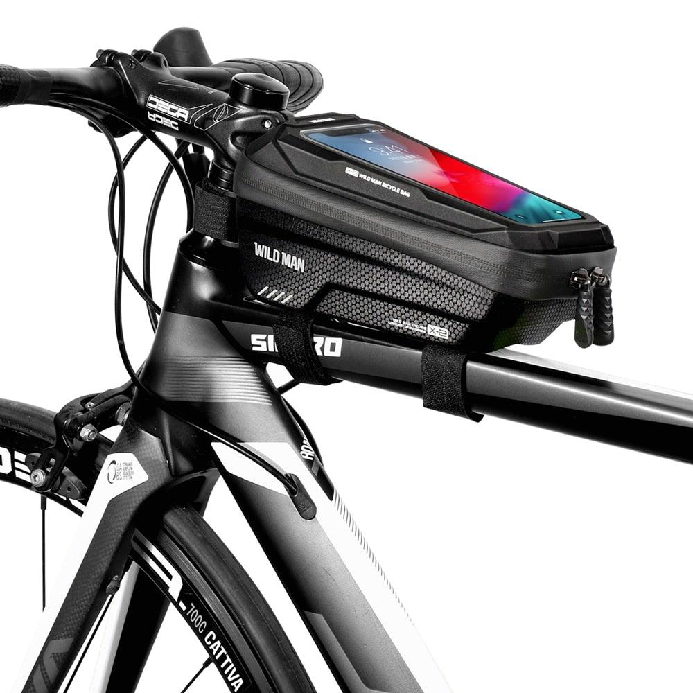 Black Bike Bag Frame Front Top Tube Cycling Bag Waterproof Phone Case Touchscreen Bag  Pack Bicycle Accessories Bike Bicycle Bag Waterproof Bike Phone Mount Bag Front Frame Top Tube Handlebar Bag Touch Screen Holder Case For Cell Phones 6.6in