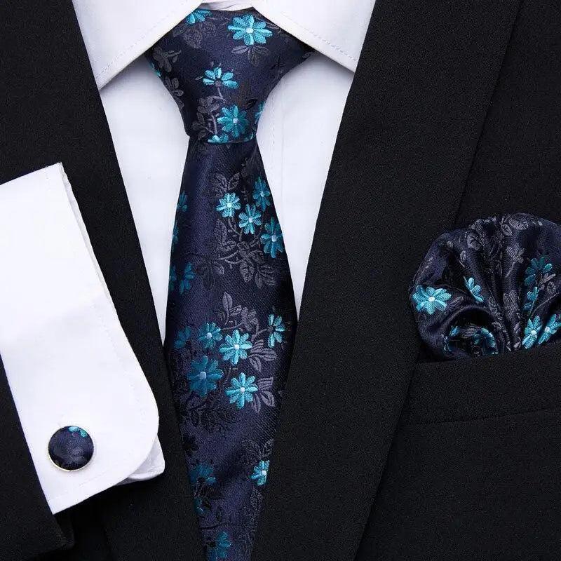 Business Men Silk Necktie Cufflinks Set Luxury Design Necktie With Handkerchief Necktie For Casual And Daily Wear Classic Men Flower Ties Wedding Handkerchief Cufflinks Set