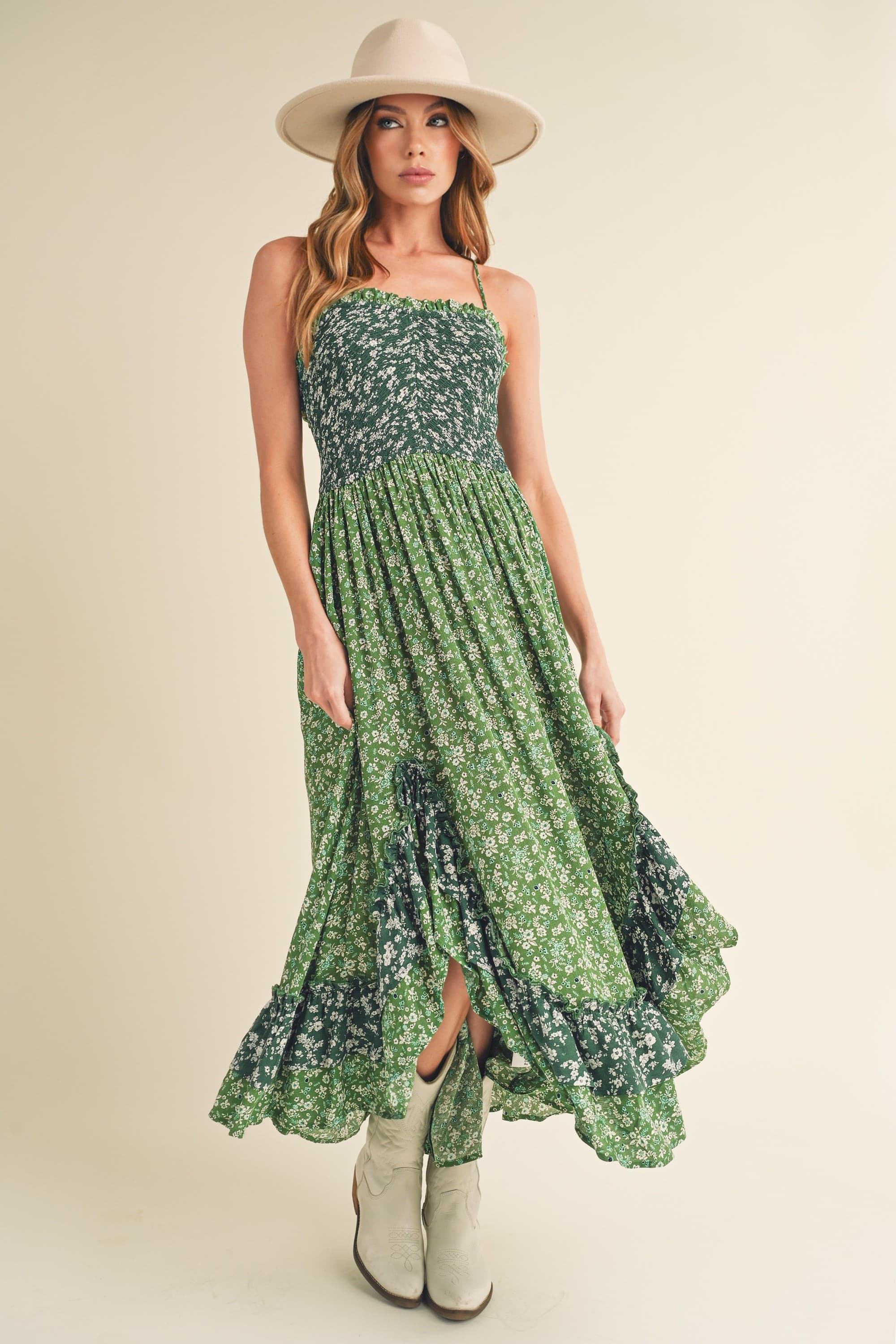 Ditsy Floral Ruffled Hem Maxi Cami Dress For Women –Romantic Floral Print, Flowy Maxi Length, Feminine & Elegant Design for Casual & Special Occasions