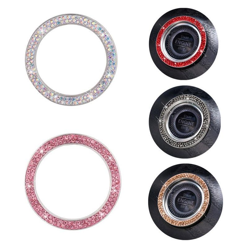 Cars One-Key Engine Start Stop Ignition Push Button Switch Cover Decorative Rhinestone Diamond Crystal Ring Car Parts Push to Start Button Cover Crystal Rhinestone Car Ring Emblem Sticker Bling Accessories for Women