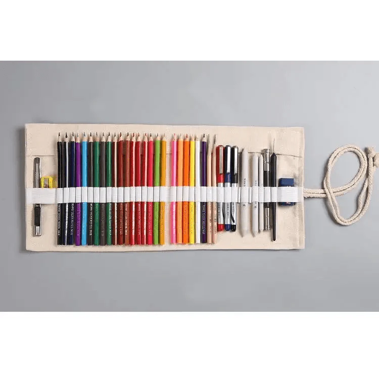 Colorful Roll Up Pencil Case Canvas Flowers Style Colored Pencils Wrap Multi-Purpose Pen Holder Cute Case