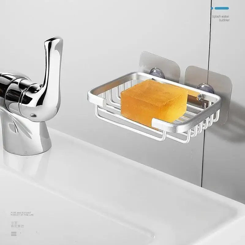Creative Drill Free Soap Dish Holder Wall Mounted Storage Rack Toilet Soap Box Sponge Dish Bathroom Accessories Soap Dish Holder with Loofah Bath Sponge Towel Razor Holder for Bathroom Shower Kitchen Adhesive Wall Mounted No Drilling