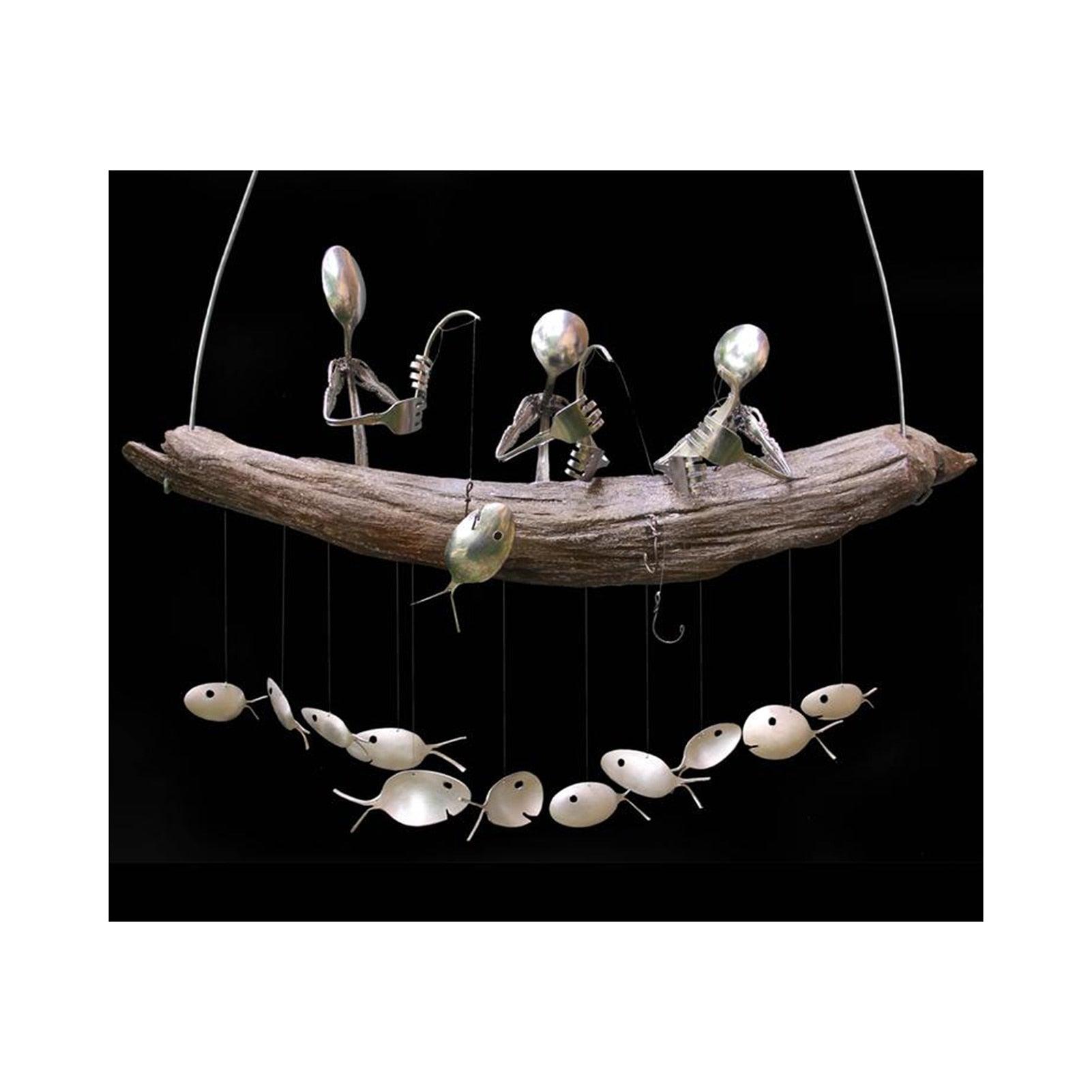 Creative Fishing Man Spoon Fish Sculptures Wind Chime Home Bedroom Painted Fish Mobile Tropical Fish Home Decor  Yard Garden Hanging Ornament Decoration