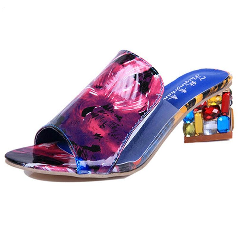 Crystal Sandals Open Toe Square Heels Spring Summer Shoes Sandals Women Footwear Low Block Heels Mules Open Toe Ankle Strap Sandals Square Toe Mixed Colors Beautiful Sandals