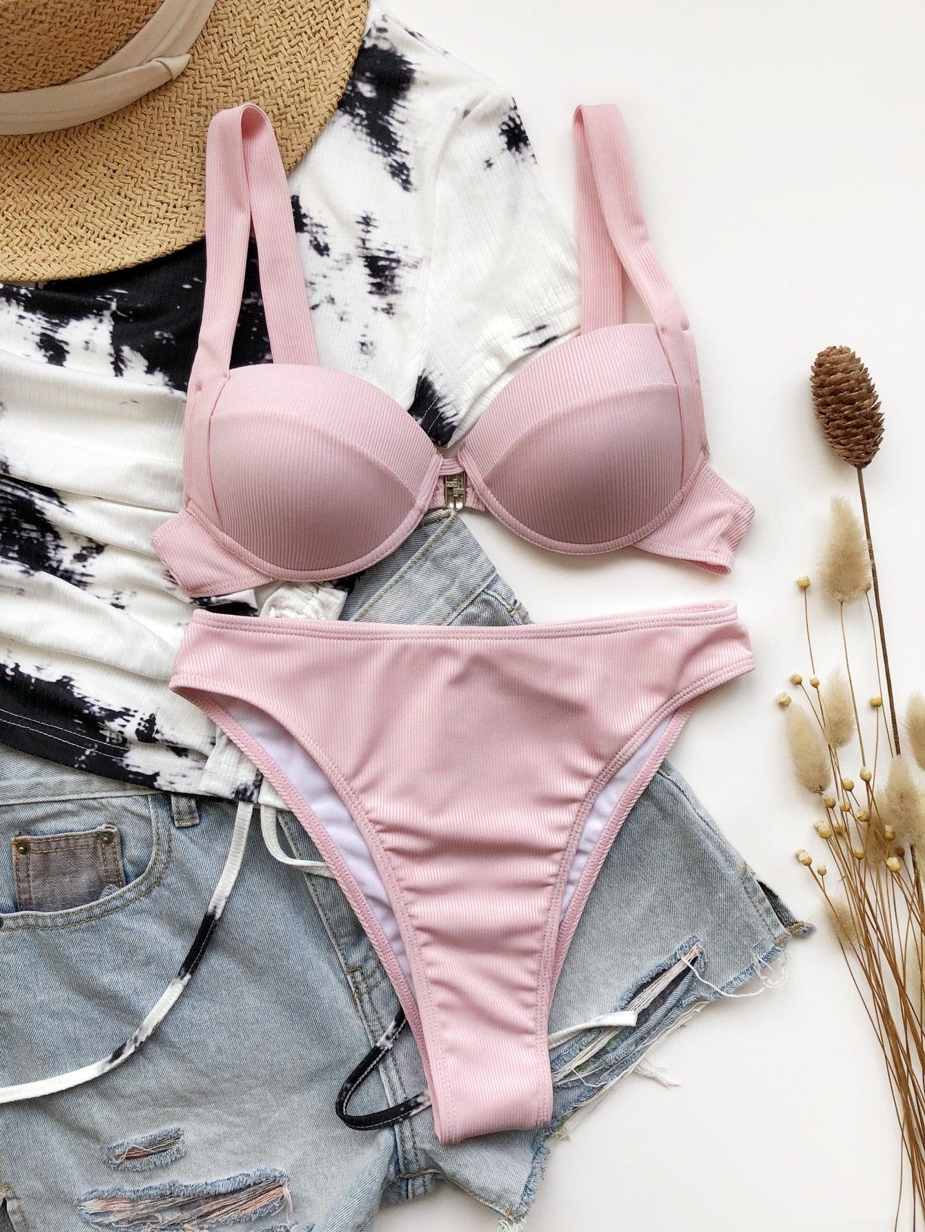 Cute Women Swimwear Pure Color Bikinis Swimsuit Women High Waist String Solid Color 2 Piece Bathing Suits Summer High Cut Push Up Bathing Suit High Waist Beach Wear Breathable Bikini