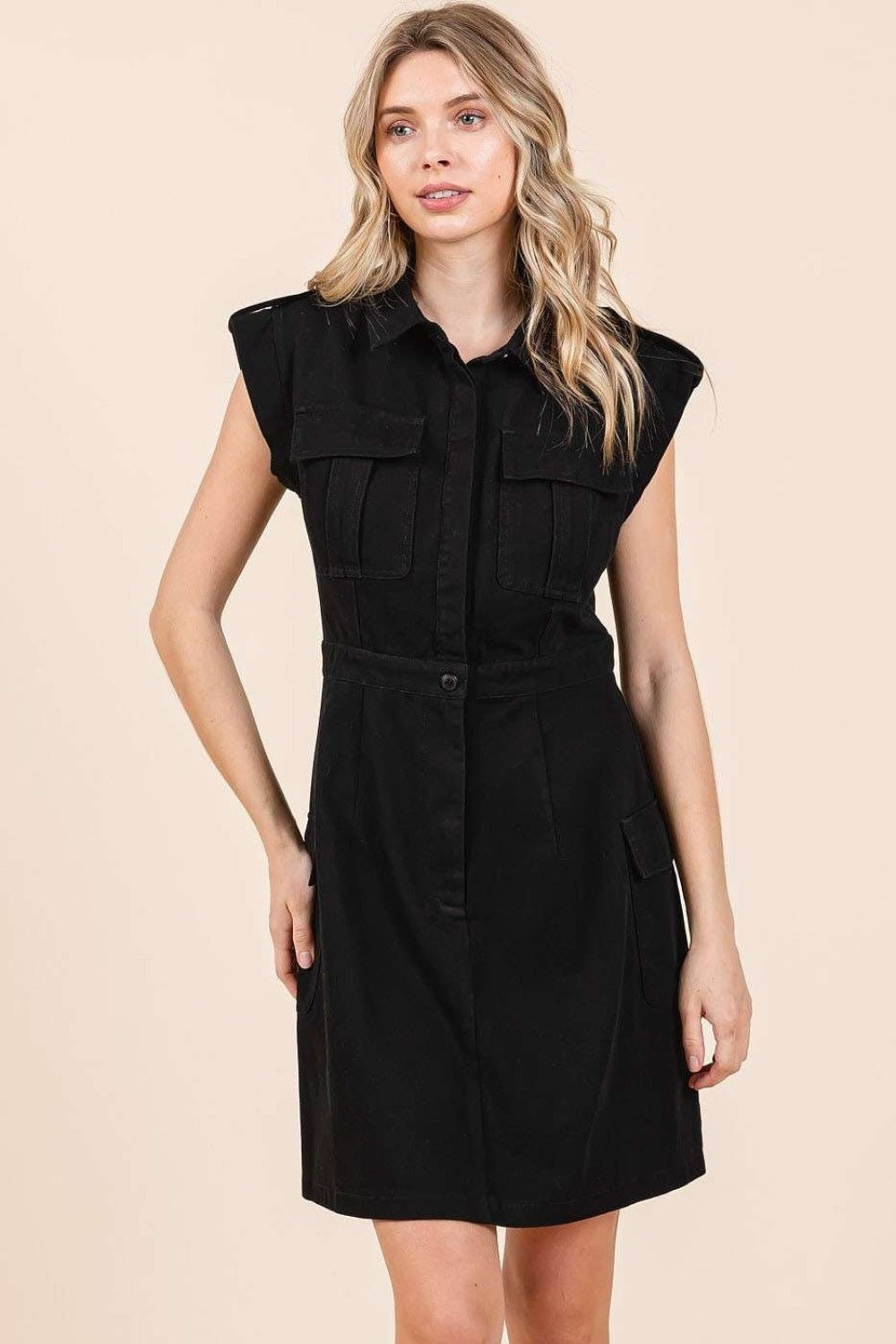 Cargo Pocket Half Button Mini Dress For Women – Casual Mini Dress, Buttoned Dress, Pocketed Dress, Versatile Dress, Trendy Mini Dress