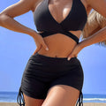Coastal Curve Halter Bikini Set for Women – V-Neck Crisscross Drawstring Swimsuit with Chic Ring Detail & High-Waisted Boxer Shorts for Summer – Sleek Two-Piece Nylon Swimwear for Women’s Beach & Poolside Style