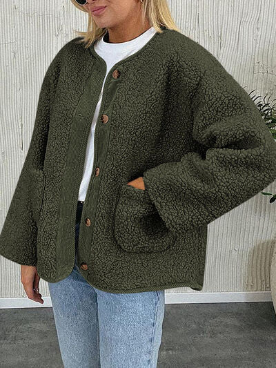 Modern Cozy Women Luxuriously Cozy Contrast Button Up Sherpa Jacket with Pockets For Fall & Winter