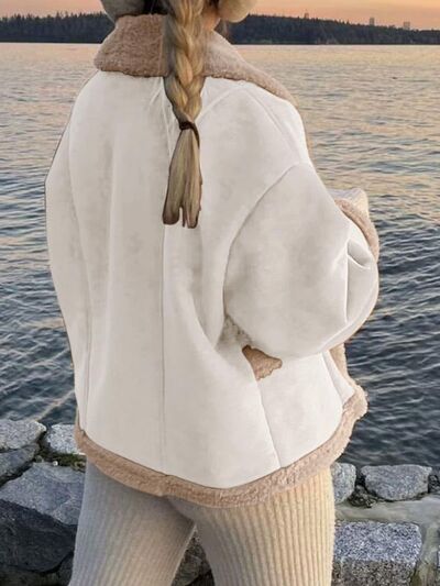 Fuzzy Collared Neck Long Sleeve Jacket with Buttoned Closure and Cozy Pockets