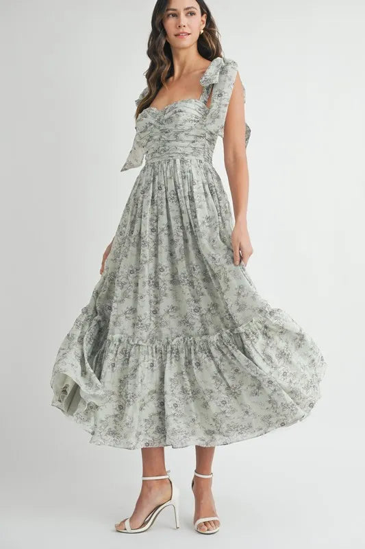 Floral Bust Ruched Midi Dress with Shoulder Tie For Women – Ruched Midi Dress For Summer, Floral Bust Dress, Shoulder Tie Dress, Feminine Midi Dress, Chic Event Dress