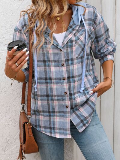 Plaid Buttoned Long Sleeve Hooded Jacket for Women – Cozy & Stylish Cotton-Blend Outerwear