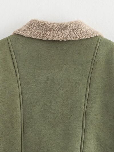 Fuzzy Collared Neck Long Sleeve Jacket with Buttoned Closure and Cozy Pockets