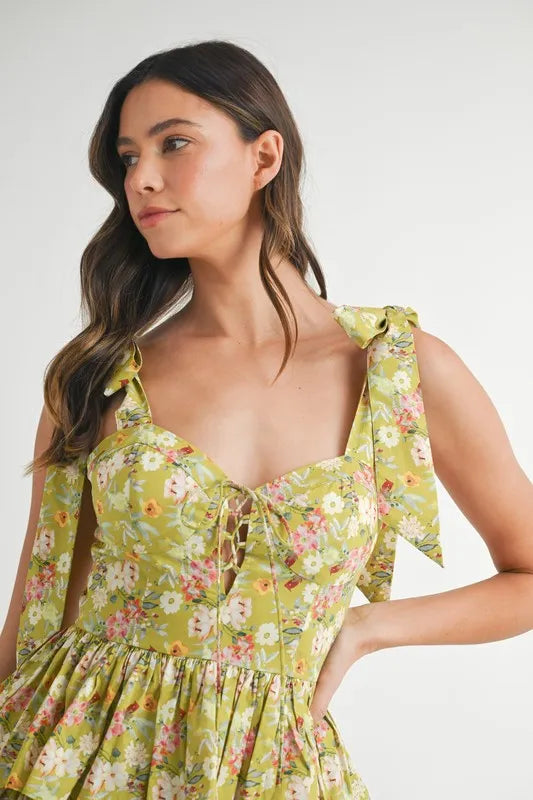 Floral Print Shoulder Tie Layered Mini Dress For Women – Fresh Floral Design, Fluttering Adjustable Shoulder Tie, Layered Mini Dress, Trendy Summer Outfit