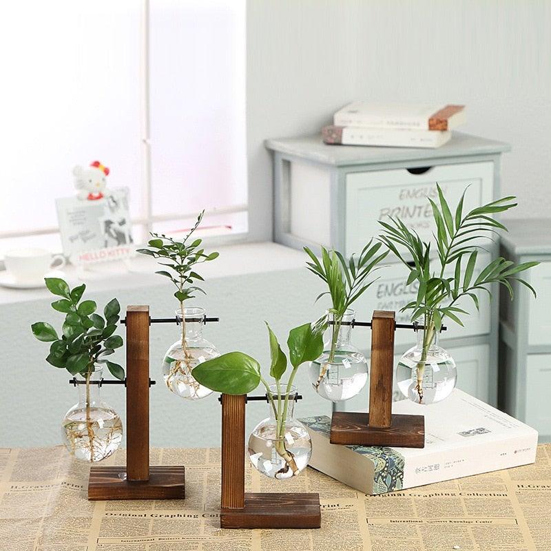 Glass Planter Bulb Vase Transparent Terrarium Hydroponic Vases For Home Garden Office Wedding Decor Wooden Stand Air Planter Bulb Glass Vase Propogation Station for Hydroponics Home Garden Office Decoration