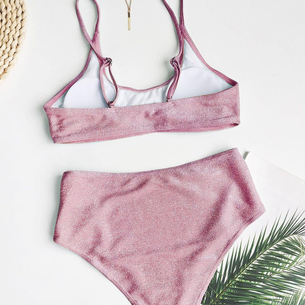 Glitter Sparkling Female Swimsuit High Waist Bikini Women's High Waist Bikinis Party Glitter Scoop Neck Crop Top Swimsuits Two Piece Bathing Suit Women Swimwear Two-pieces Bikini Set Summer Swim Suit