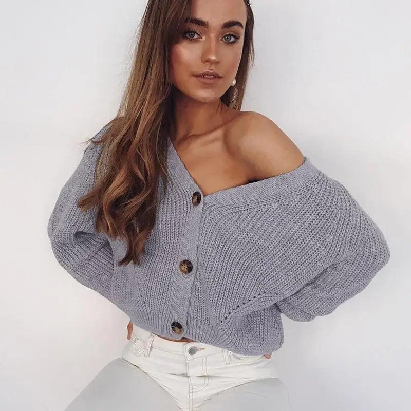 Hot Look Stylish Women's Knitted Cardigans Sweater Fashionable Autumn Long Sleeve Loose Coat Casual Button Thick V Neck Solid Female Tops