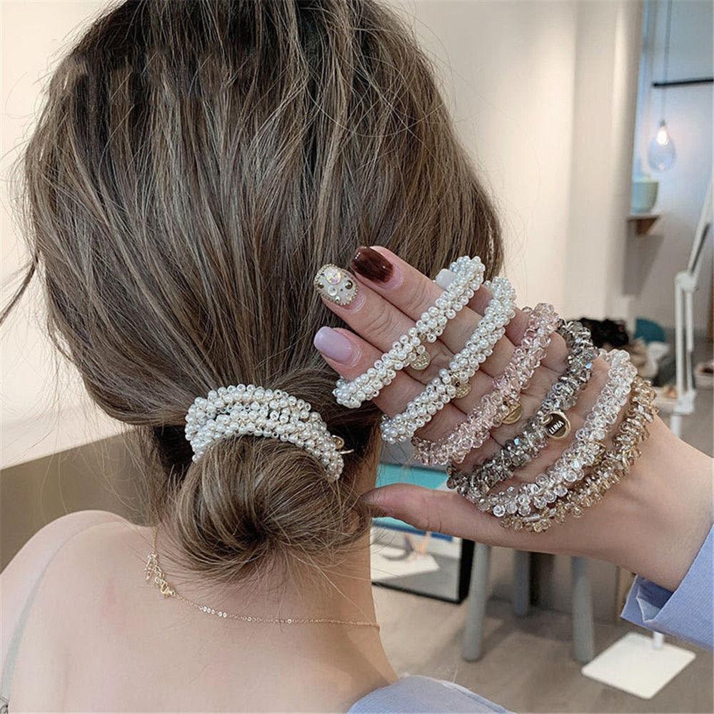 Ladies Pearl Multicolor Beads Hair Tie Elastic Hair Rope Simple Metal Sheets Scrunchies Ponytail Holders Hair Accessories for Women and Girls
